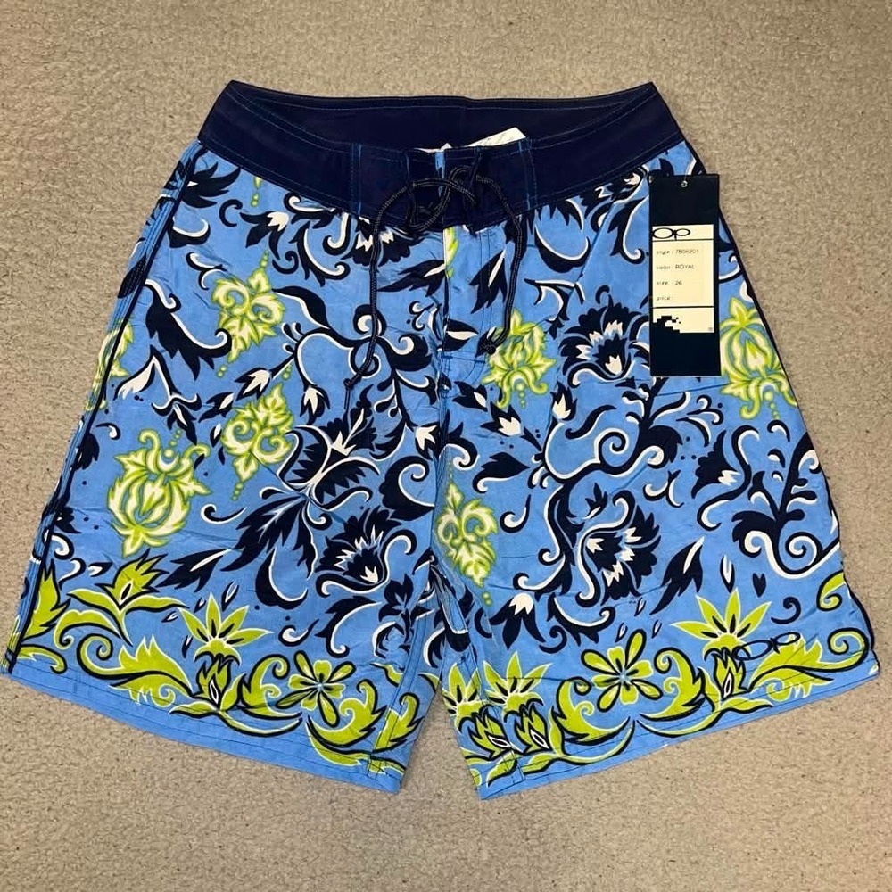 NWT Ocean Pacific OP Board Shorts Men's Sz 26 Blue Lime Green Floral Swimwear